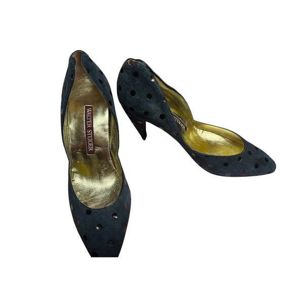 Walter Steiger Navy black Polka dots heel pump sz 7.5 B Handmade In Italy VTG - Picture 2 of 12